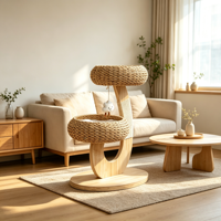Arbre à chat à 2 niveaux en rotin naturel avec poteau à gratter en sisal, lit pour chat à structure en bois robuste avec coussin moelleux et jouet suspendu en forme de nuage