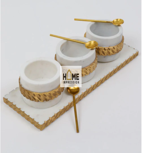 Plateaux de service de luxe en métal, poignée en forme de feuille, décoratifs pour la maison, plateaux à incrustation de marbre - Product Image 3