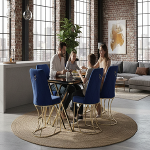 Modern Eco-Friendly Durable Extendable <b>Dining</b> Table Set Tempered Glass Top Chipboard Frame Metal Legs <b>6</b> <b>Chairs</b> Rectangle <b>Dining</b> - Product Image 5