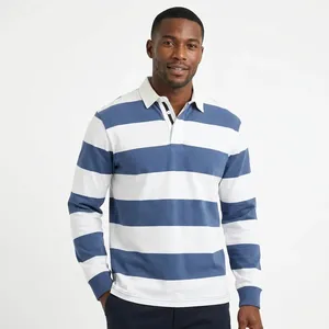 Chemise de rugby à manches longues rayée pour homme, tissu éponge polyester/coton 600g, anti-plis, logo imprimé numériquement sur le devant, décontractée - Product Image 1