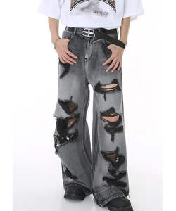 Pantalones de mezclilla de talla grande para hombre de calle alta de la mejor calidad, pantalones de mezclilla holgados rasgados desgastados con lavado ácido - Product Image 1
