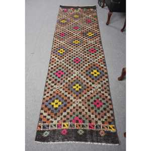 2.7x9 ft Kilim Turkish Rug, <b>Brown</b> Patchwork Vintage Rug <b>Wool</b> - Product Image 1