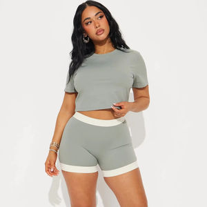 Venta al por mayor de las mujeres de la moda Casual de dos piezas de verano de desgaste activo conjunto de Color sólido Crop Top y pantalones cortos por encima de la rodilla conjunto Suelto - Product Image 1