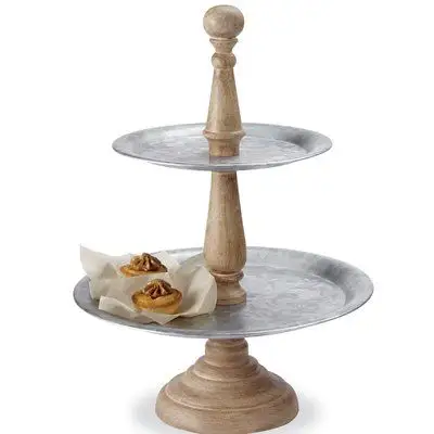 2 Tier Metalen Borden Cake Stand Ronde Vorm Modern Design Houten Paal Decoratief Keukengerei Voor Huis & Bakkerij Fabrieksprijs