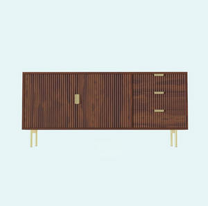 Meuble TV moderne en bois massif Console multimédia en bois foncé avec portes cannelées et pieds dorés pour la maison, le salon ou les villas - Product Image 2