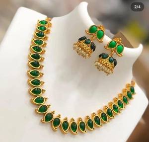 Designer Temple Necklace <b>Set</b> with Red Stone Green Stone Work and Matching Jhumka Earrings | Imitation Jewellery for Brides <b>Women</b> - Product Image 1