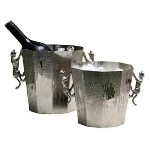 Qualidade Premium Silver Champagne Ice Bucket com Panther Handles Custom Logo 6 Liter Aço Inoxidável 201 Metal Ice Cooler Bucket