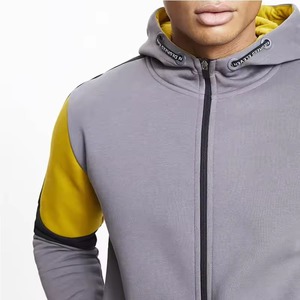 Sweat à capuche zippé pour hommes, cousu et coupé, avec bloc de couleurs, anthracite/noir/or, jogging avec logo personnalisé pour l'hiver, vente en gros - Product Image 3