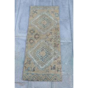 Tapis vintage 1,7x4,1 pieds, petit tapis turc, tapis uni marron bleu - Product Image 1