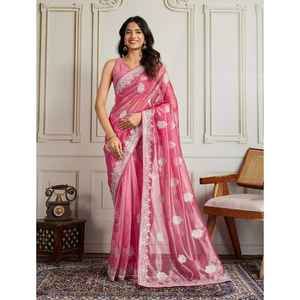 Sari de Tela Suave de Primera Calidad para Bodas y Fiestas con Bordado Completo de Lentejuelas, Ribete con Adornos, Blusa Lisa de Secado Rápido - Product Image 1