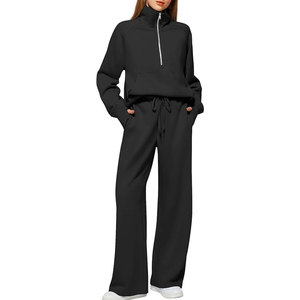 Conjunto de dos piezas para mujer, tejido acanalado, manga larga y pantalón de cintura alta con pierna ancha, ropa para estar en casa. - Product Image 1