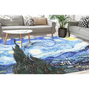 Tapis imprimé avec vue nocturne étoilée, reproduction de Van Gogh, tapis cadeau, avec poils doux - Product Image 3