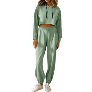 Ensemble de survêtement élégant avec logo personnalisé, taille plus, hauts courts à épaules tombantes, sweats à capuche, jogging, ensemble 2 pièces pour femmes - Product Image 5