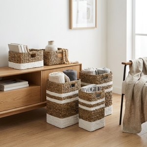 Natural Seagrass Recycled Plastic <b>Basket</b> Set <b>Rectangular</b> Organizer Trash Bin White Liner Handle Setup Pure Art Room Decor Craft - Product Image 6