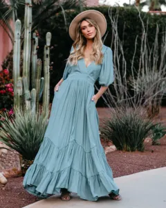 Summer Vibes Rayon Solid Color Women's Wear Resort & Party Robe longue à volants avec col en V profond, robe caftan à manches courtes - Product Image 2