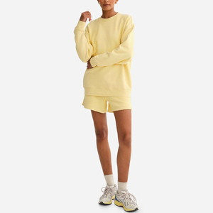 ชุดเสื้อผ้าใส่อยู่บ้าน2ชิ้นเสื้อสเวตเตอร์คอกลมทรงโอเวอร์ไซส์และกางเกงขาสั้นสีพาสเทลสีเหลือง - Product Image 5