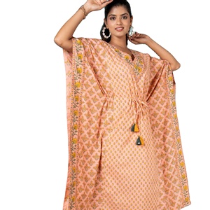 Vente chaude été imprimé caftan robe pour femmes surdimensionné coton tissu genou longueur manches courtes bouton décoration Style doux - Product Image 1