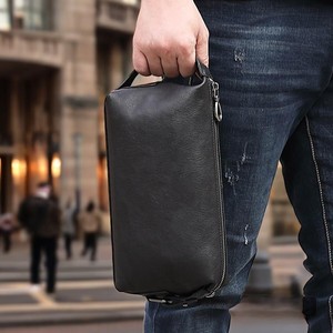 Genuine Leather Toiletry Case <b>Medium</b> Size Zipper Closure Portable Soft Handle Classic Style Black Cosmetic Bag - Product Image 1
