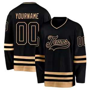 Jersey de Hockey sobre Hielo Personalizado Unisex Negro y Dorado, Cuello en V, Impresión Sublimada con Logotipo del Equipo, Manga Larga, Poliéster/Algodón que Absorbe la Humedad, 320g - Product Image 1