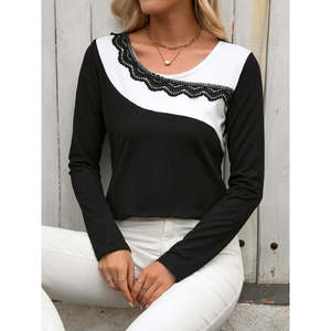 Blusa de viscosa bicolor de manga larga y cuello redondo para mujer con detalles de encaje, 30955 - Negro - Product Image 2
