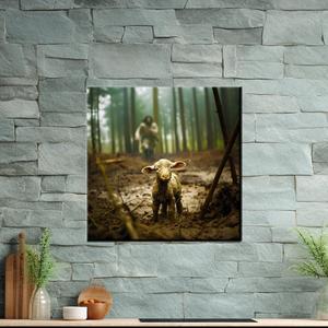 Toile imprimée : Mignon agneau dans la forêt, décoration naturelle, encadrée style galerie - Product Image 1