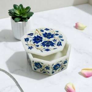 Makrana Marble Jewellery Box Antique <b>Lapis</b> <b>Lazuli</b> Pietradura Artwork Handcrafted <b>Rings</b> and Earrings Organizer Valentine's Gifts - Product Image 1
