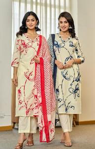 Conjunto Kurti Palazzo de algodón de estilo indio para mujer con trabajo recto bordado Dupatta para fiestas Conjunto de pantalón Kurta para mujer - Product Image 2