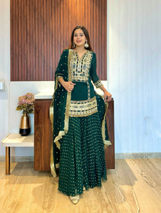 Traje de Sharara étnico paquistaní indio Palazzo Dupatta adultos estampado dibujado a mano tela Georgette de imitación pesada ropa tradicional - Product Image 2