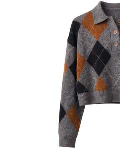 Customized Womens Grey Brown Argyle Knit <b>Cropped</b> <b>Polo</b> Sweater Long Sleeve Button Placket Soft Winter Casual Fashion <b>Top</b> OEM - Product Image 3