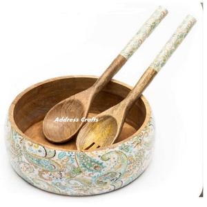 Ensaladera de madera con acabado Natural sostenible con cucharas para servir recubiertas de esmalte, cuenco grande con pegatina impresa de flores multicolor - Product Image 6