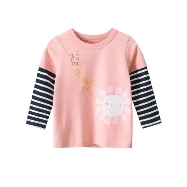 Diseño personalizado impreso rayas blancas y negras media manga fondo rosa niñas camiseta Algodón puro fabricante indio al por mayor