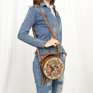 Sac rond de style western pour femme de haute qualité, en cuir véritable, avec motif floral, pour l'automne, accessoire de sac à dos - Product Image 5