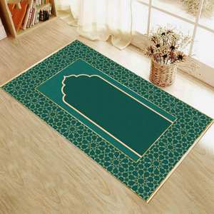 พรมอิสลามสีเขียวทอง: พรมบางพิมพ์ลายทางศาสนาพรมบางแบบไม่ทอ - Product Image 4