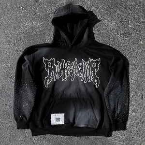 Sudadera con capucha lavada ácida personalizada con diseño de diamantes de imitación ropa de calle Sudadera con capucha de gran tamaño Impresión de logotipo unisex al por mayor - Product Image 1