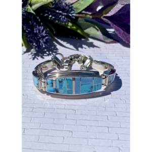 Stanley Manygoats Pulsera de eslabones con incrustaciones de turquesa Natural Golden Hill y plata de ley, pulseras de moda - Product Image 1