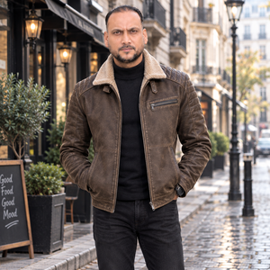 <b>Men's</b> <b>Brown</b> Genuine <b>Leather</b> <b>Jacket</b> With Sherpa Lining Zipper Closure Moto Style Winter Wear Windproof Regular Fit - Product Image 1