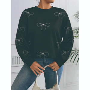 Sudadera Casual Holgada de Manga Larga con Cuello Redondo y Lazo de Pedrería de Color Sólido de Moda Clásica para Mujer de Talla Grande Personalizada - Product Image 1