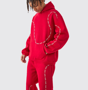 OEM personalizado de invierno de color rojo sólido de impresión de la pantalla holgada con capucha pantalones de chándal Jogger conjunto de dos piezas chándal para hombres - Product Image 2