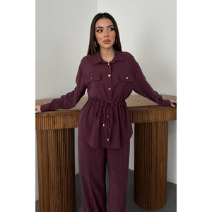 Plum Button Detailed Shirt and Ribbed <b>Trousers</b> Set - Plum - Product Image 3