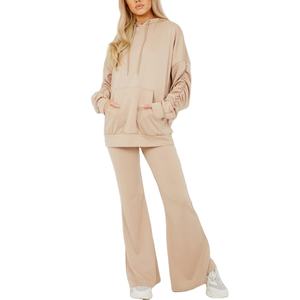 Chándal acampanado personalizado para mujer, conjunto de ropa deportiva de dos piezas con sudadera con cremallera y pantalones, chándal de lavado ácido con estampado de hojaldre - Product Image 1