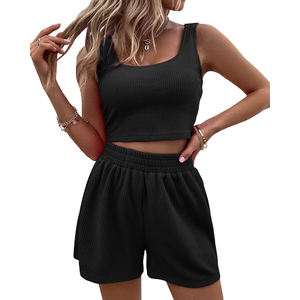 Top llegada Sexy Club Floral deportes Yoga sujetador y pantalones cortos conjuntos mujeres verano sólido conjuntos sin mangas Crop Top tejido conjunto de dos piezas - Product Image 2