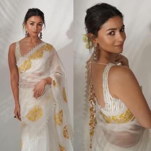 Sari en soie ethnique traditionnel de haute qualité pour adultes tissu Georgette avec vêtements indiens et pakistanais multi-brodés lourds - Product Image 1