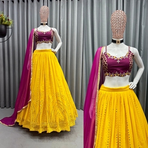 Nouveau Design en soie jaune spécial, fait de broderie Lehenga Choli, achetez chez le fournisseur principal - Product Image 4