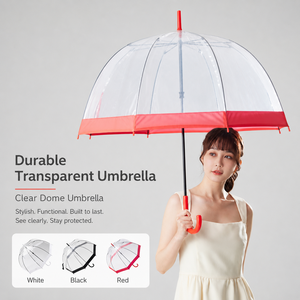 Parapluie droit personnalisé à ouverture automatique, style japonais, forme arquée, 86 cm de diamètre, transparent, avec poignée incurvée en plastique - Product Image 1