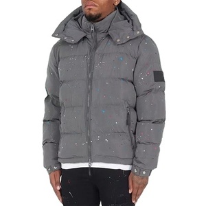 Manteau de peinture gris pour hommes, col montant, impression personnalisée, parka rembourrée avec logo pour l'extérieur, veste d'hiver bouffante à capuche en nylon de haute qualité - Product Image 4