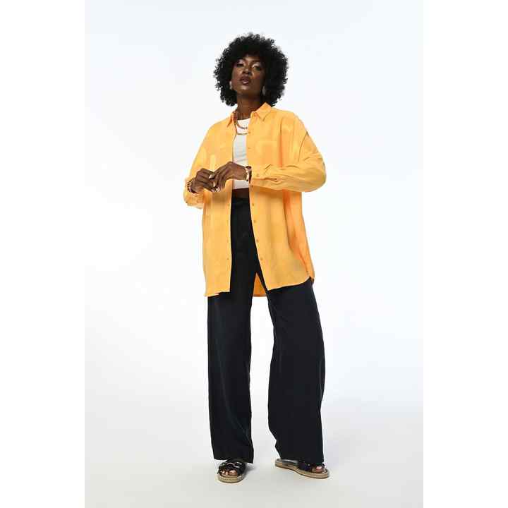 WOMEN'S OVERSIZE YELLOW JACQUARD ROUND PATTERNED SHIRT
