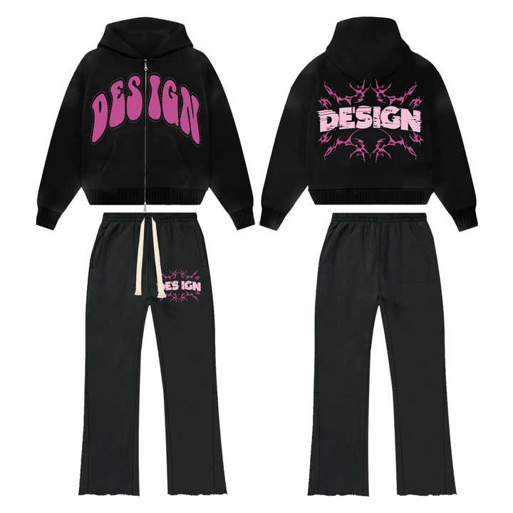 2025 Wholesale Best Custom Logo Double Zipper Hoodie and Flared Sweatpants Set Pink Tracksuit for Men 100% Cotton for Winter