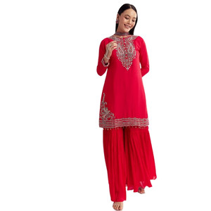 Conjunto Kurta de seda roja Dola con bordado Zardosi y gargantilla Dupatta para recepciones de bodas Sangeet al por mayor y Ropa Étnica a granel - Product Image 3
