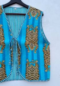 Handmade Cotton Reversible Hip Hop Puffer Waistcoat <b>Women</b> Breathable Leopard Printed V-Neck Front Open Jacket Sustainable Stripe - Product Image 2