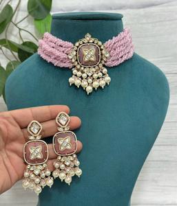 Ensemble de collier et boucles d'oreilles en pierres doubles de moissanite plaquées or de qualité supérieure ethnique, collection pour mariage - Product Image 2